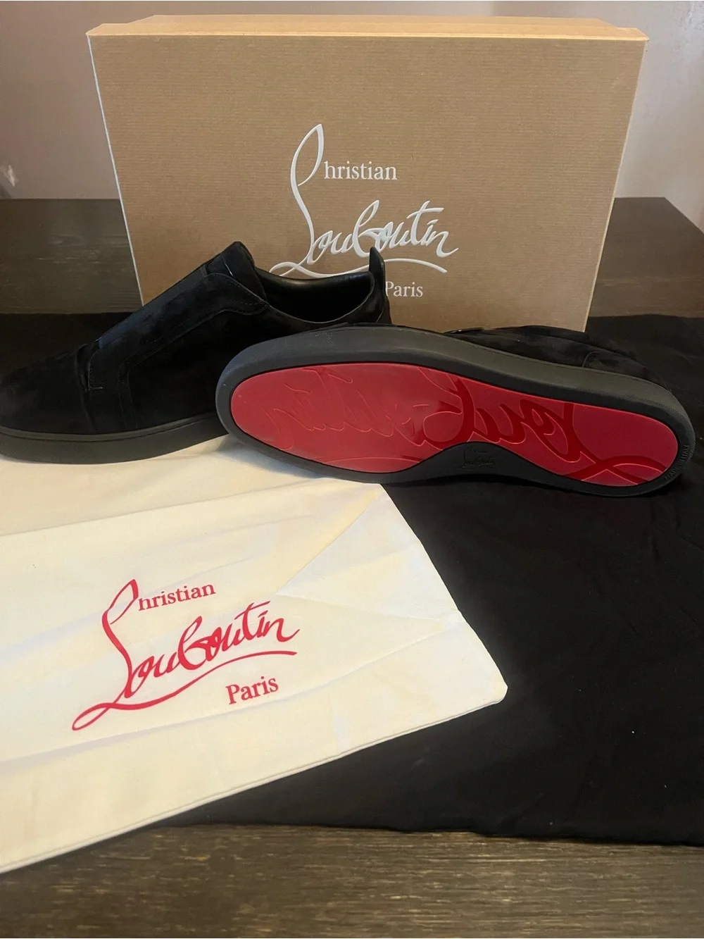 Christian Louboutin Black Suede Slip-On Loafers with Red Sole